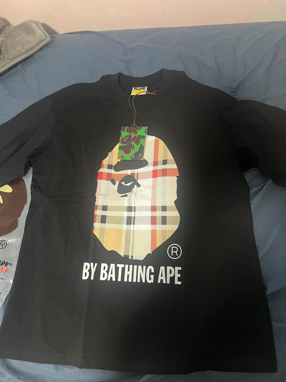 Bape Burberry Tee with Plaid Ape Graphic and Camo Tag